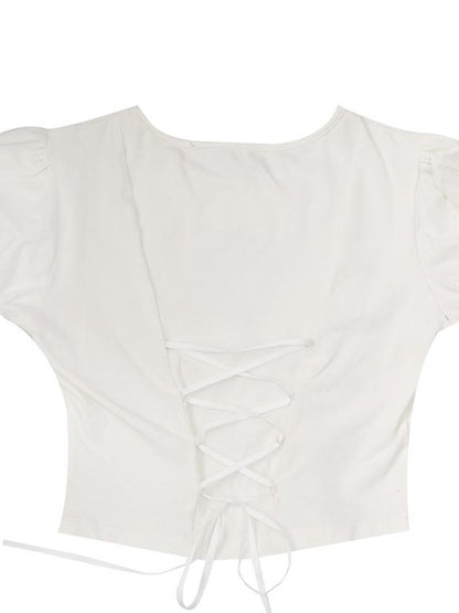 Daytoday Angel Cat Lace Bubble Sleeve Tie Front Tee