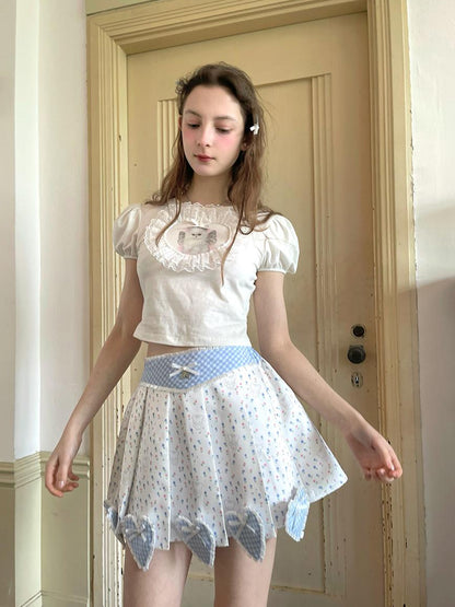 Daytoday Angel Cat Lace Bubble Sleeve Tie Front Tee
