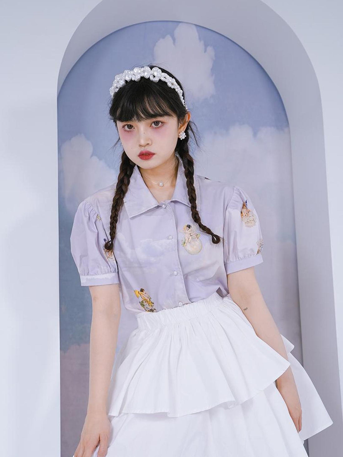 Daytoday Angel Pearl Bubble Sleeve Cotton Shirt