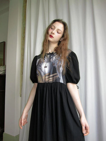 Angel S Tears Tempera Print T Shirt Dress V Neck Long Sleeve