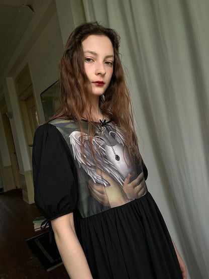 Angel S Tears Tempera Print T Shirt Dress V Neck Long Sleeve