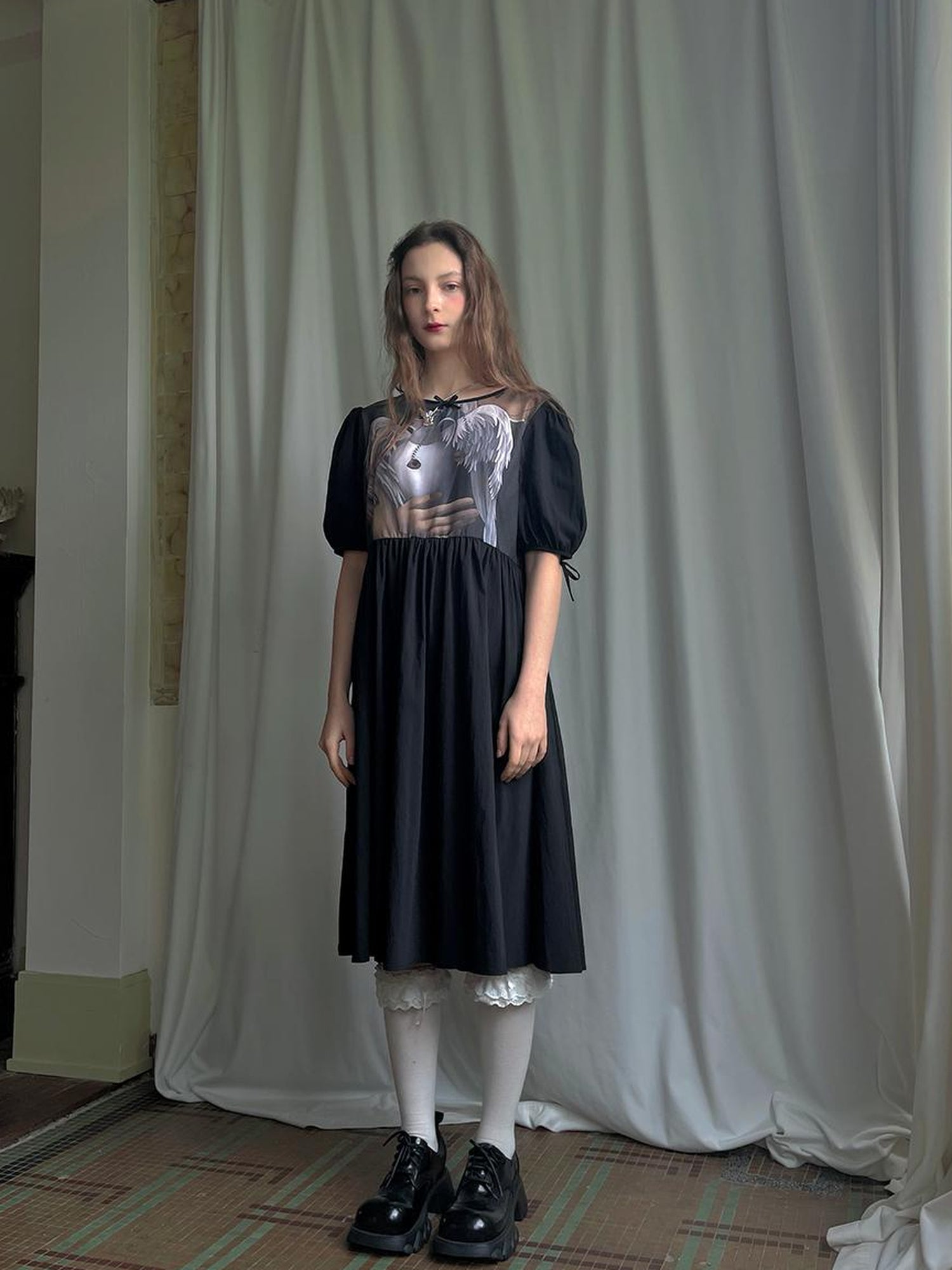 Daytoday Angel S Tears Tempera Print T Shirt Dress V Neck Long Sleeve