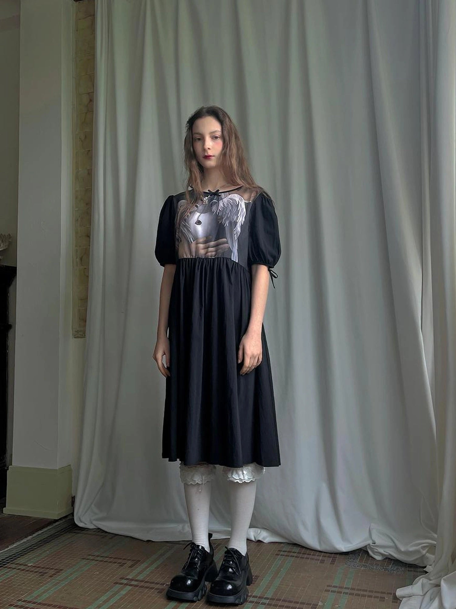 Angel S Tears Tempera Print T Shirt Dress V Neck Long Sleeve