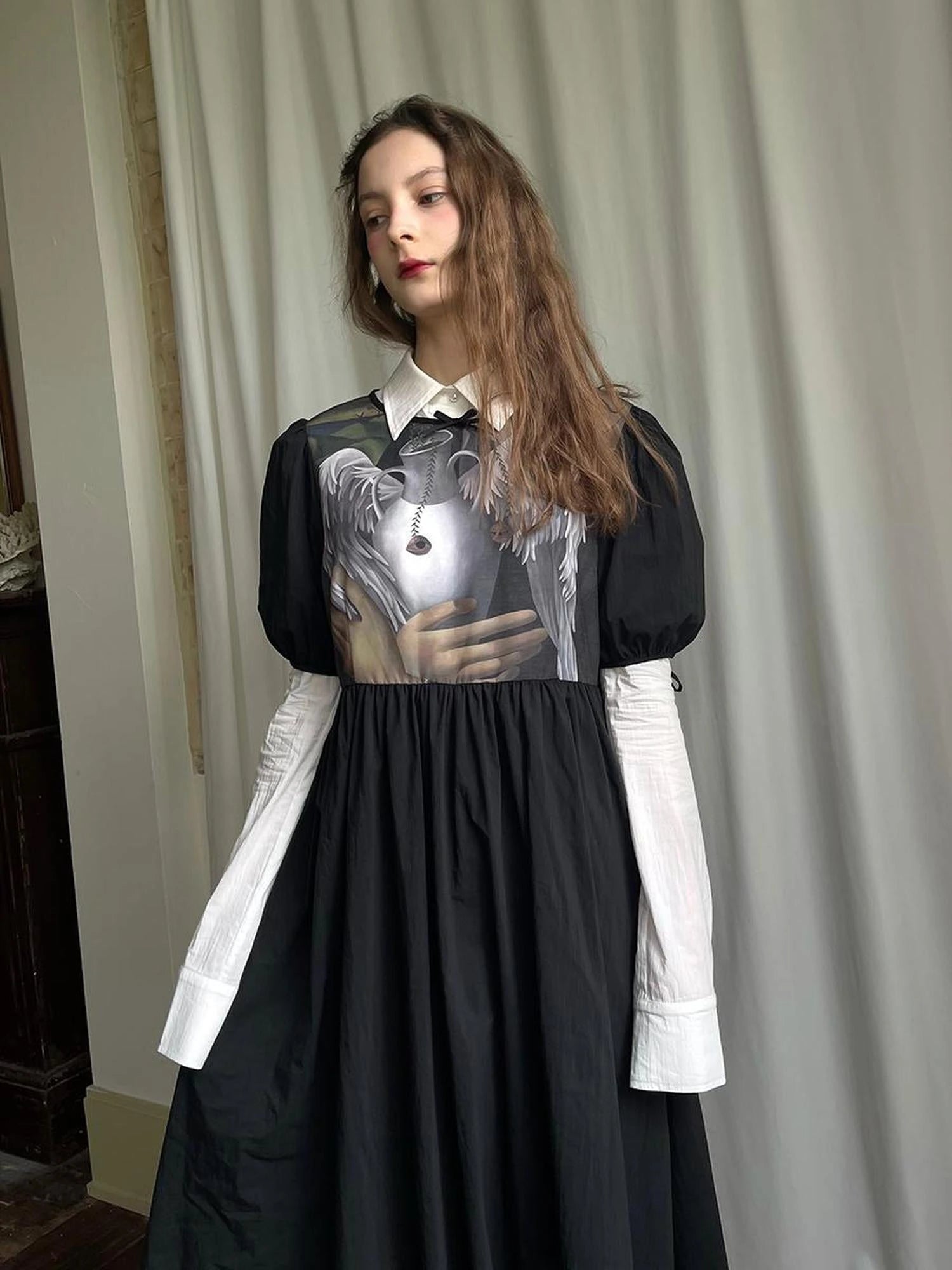 Angel S Tears Tempera Print T Shirt Dress V Neck Long Sleeve