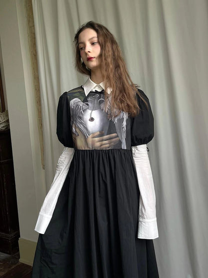 Angel S Tears Tempera Print T Shirt Dress V Neck Long Sleeve