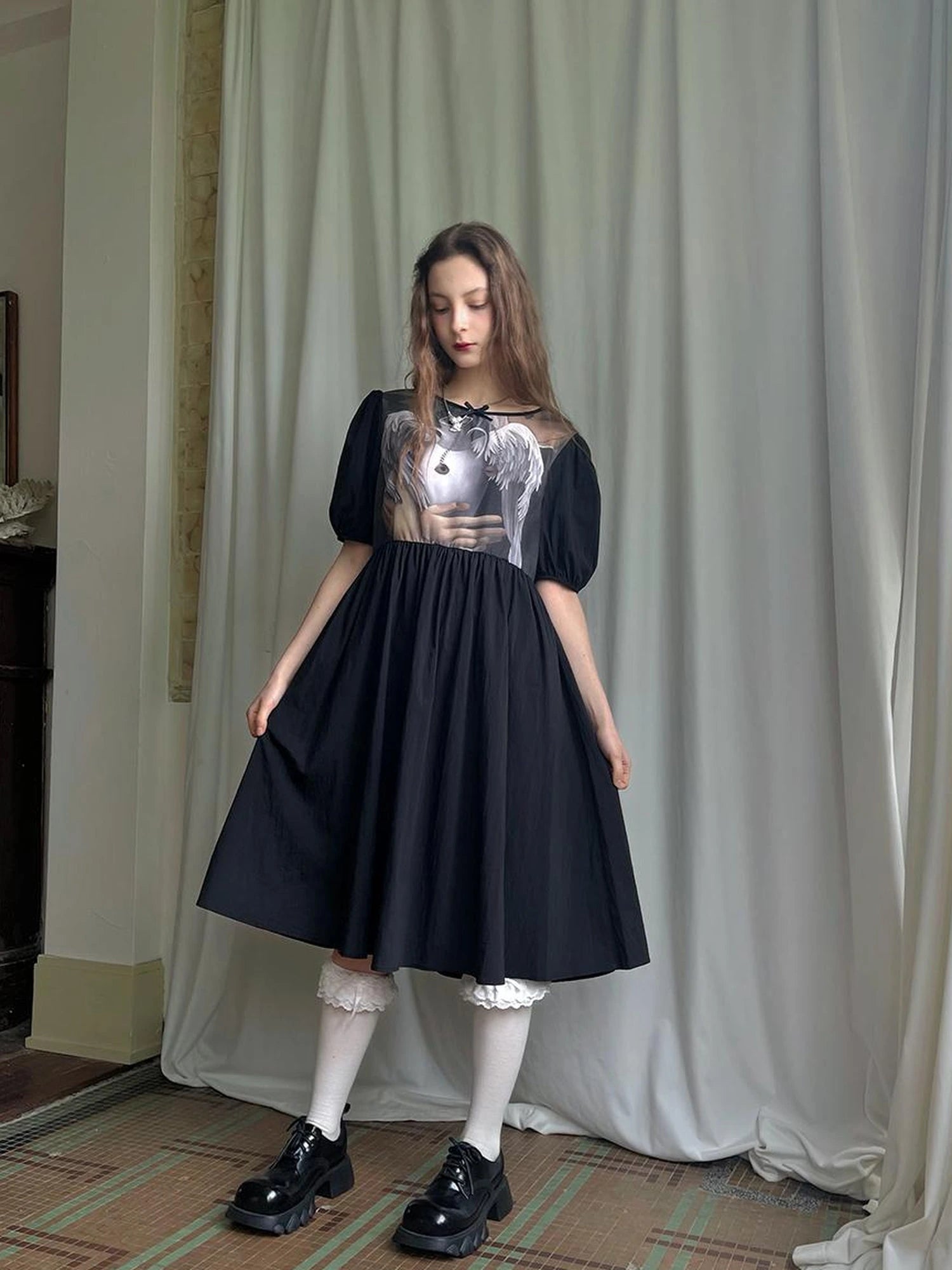 Angel S Tears Tempera Print T Shirt Dress V Neck Long Sleeve