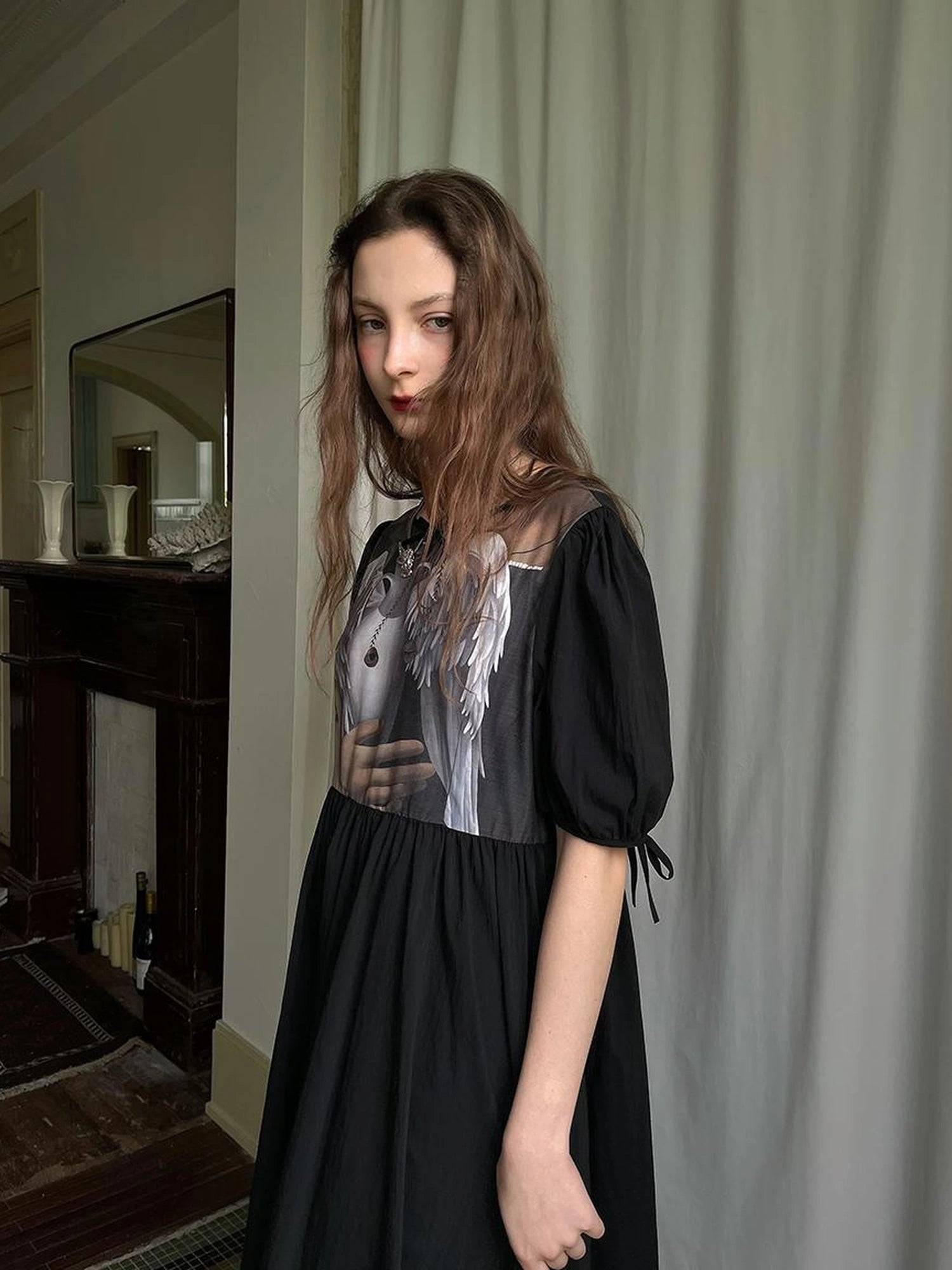 Angel S Tears Tempera Print T Shirt Dress V Neck Long Sleeve