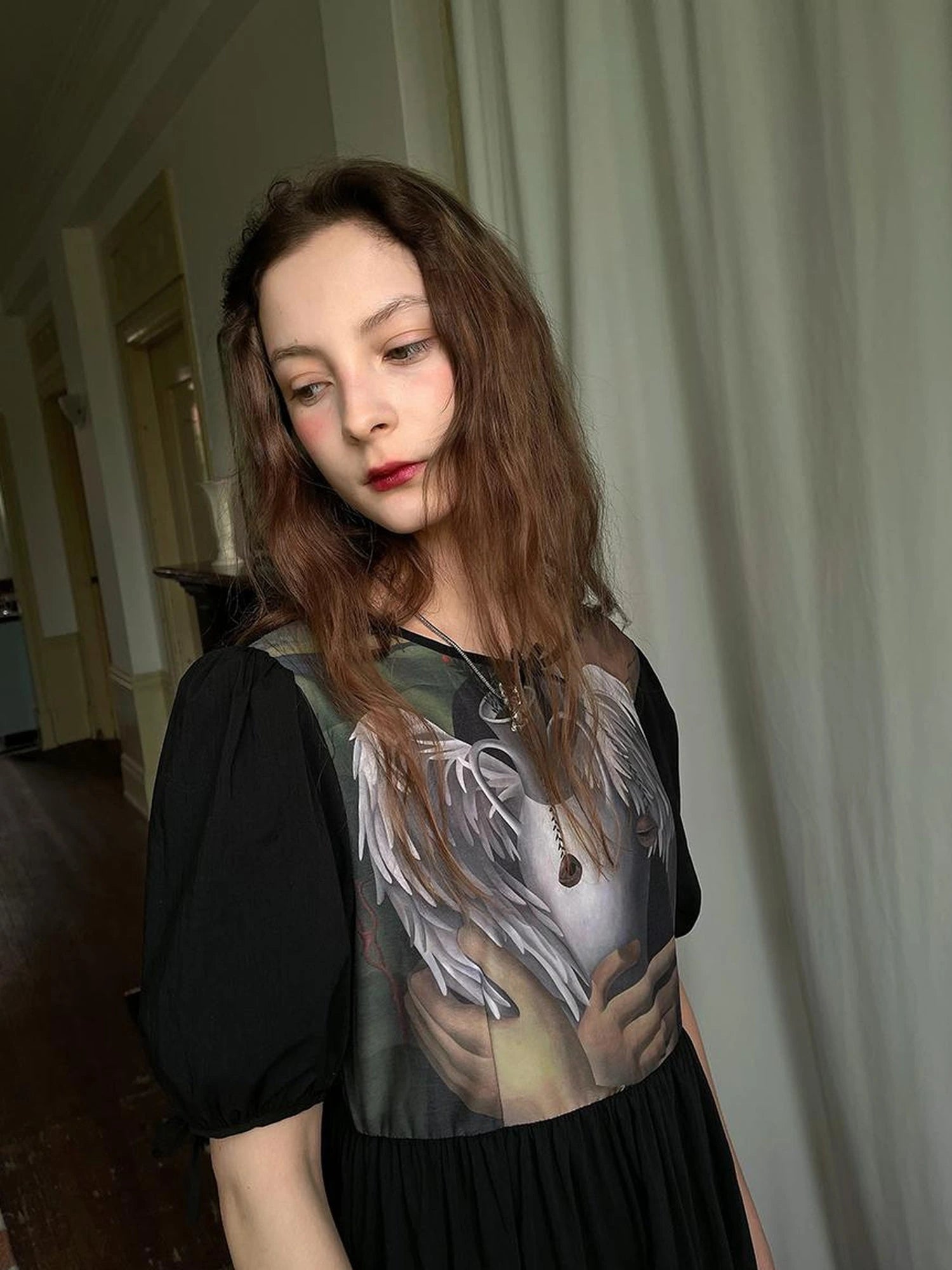 Angel S Tears Tempera Print T Shirt Dress V Neck Long Sleeve