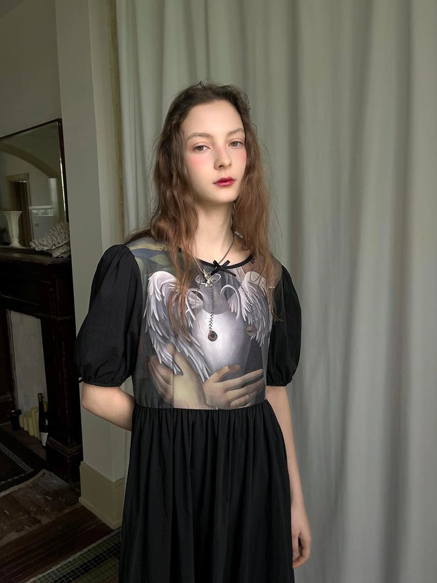 Angel S Tears Tempera Print T Shirt Dress V Neck Long Sleeve