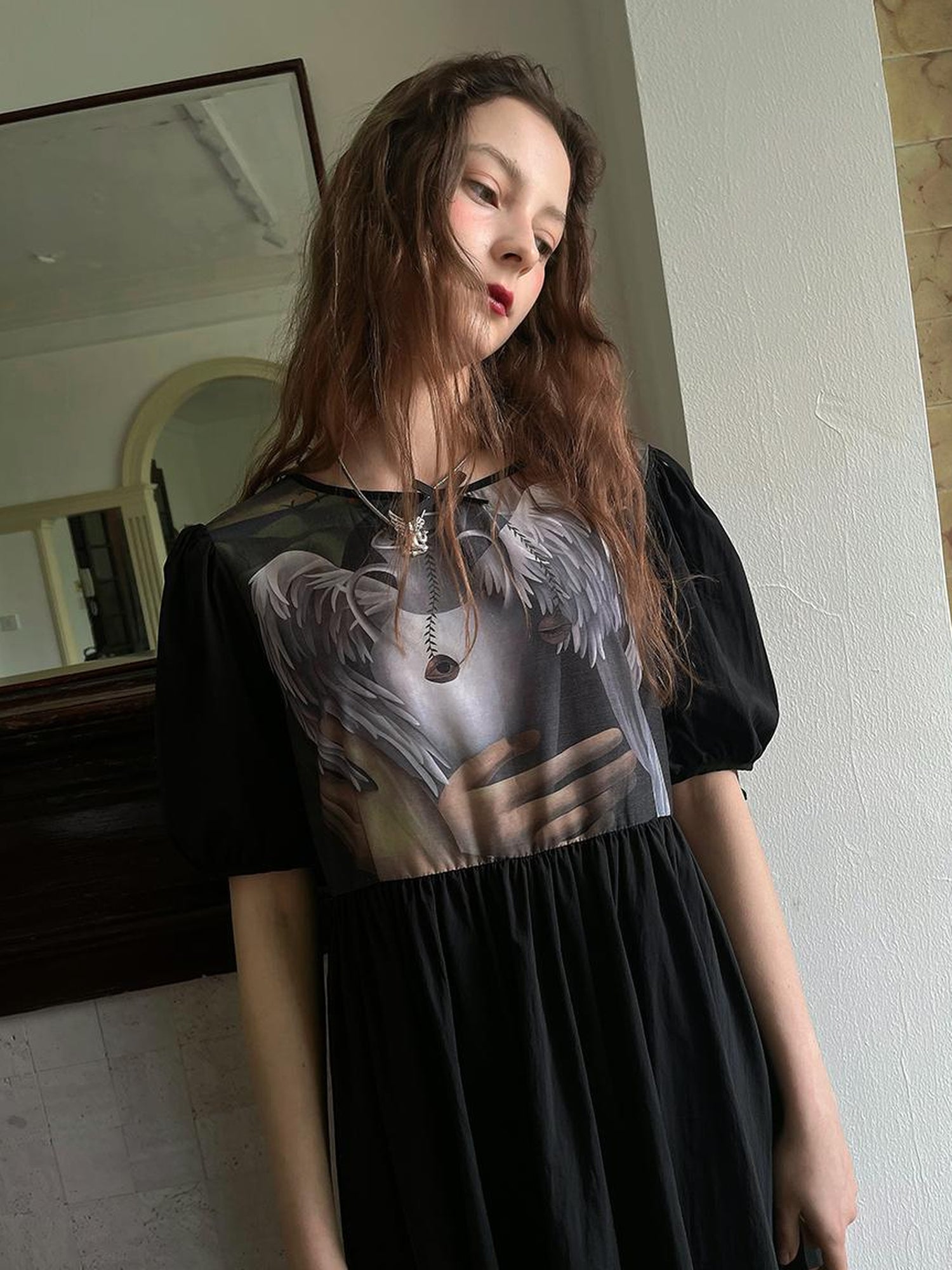 Daytoday Angel S Tears Tempera Print T Shirt Dress V Neck Long Sleeve