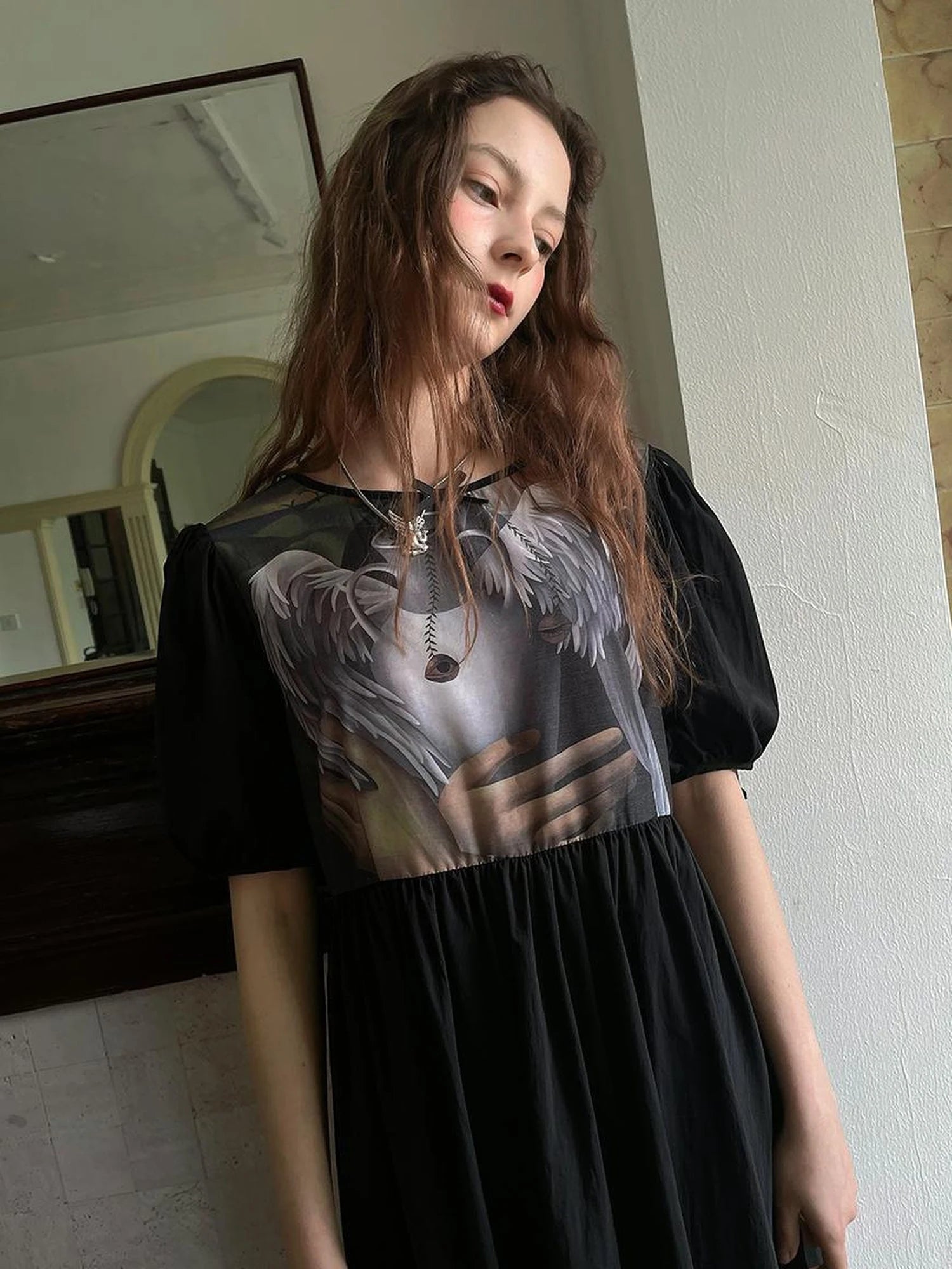 Angel S Tears Tempera Print T Shirt Dress V Neck Long Sleeve