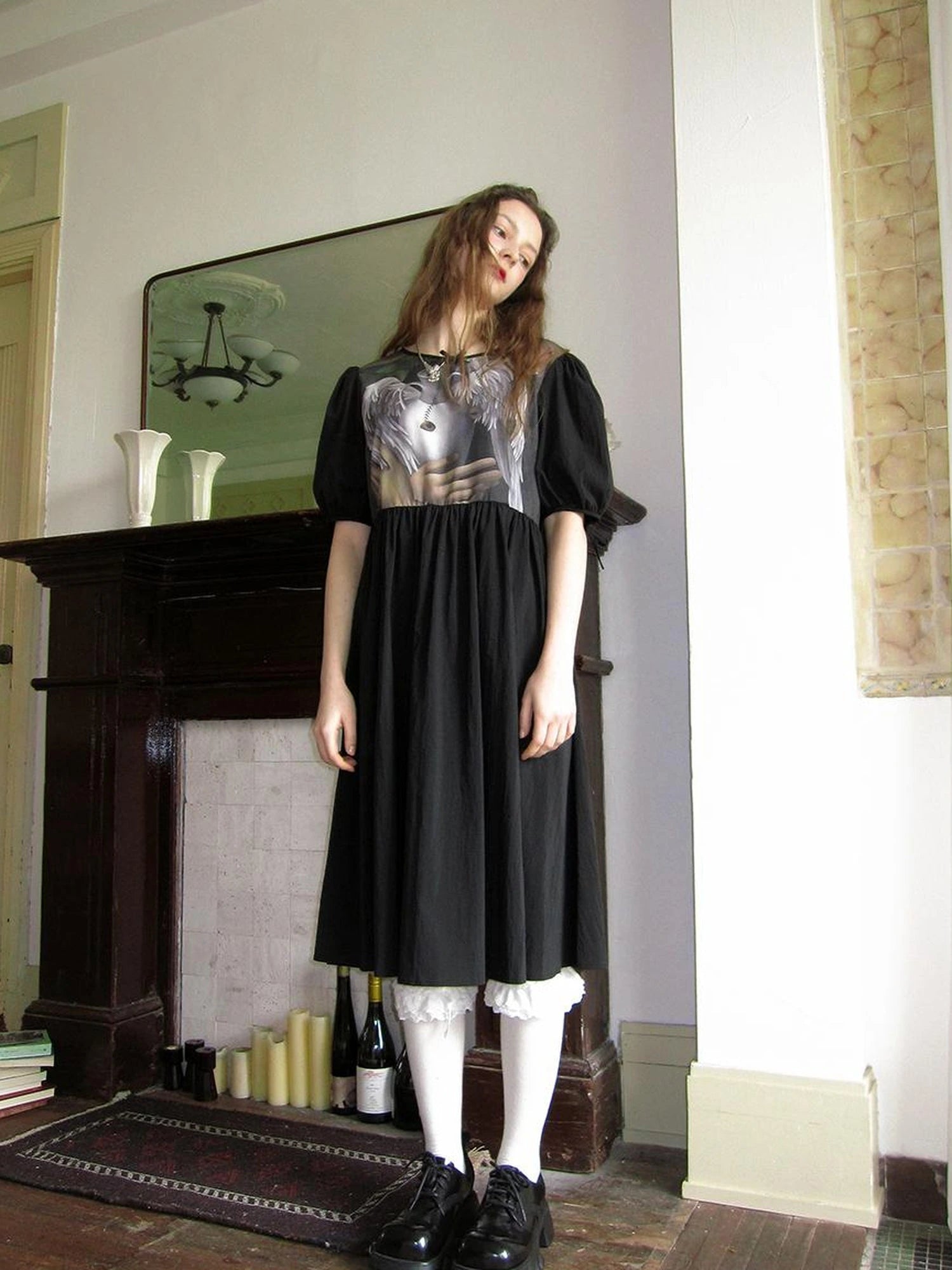 Angel S Tears Tempera Print T Shirt Dress V Neck Long Sleeve