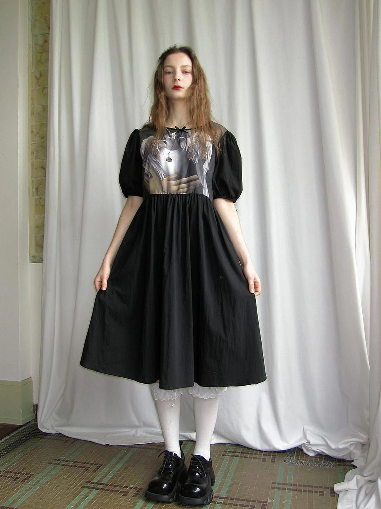 Angel S Tears Tempera Print T Shirt Dress V Neck Long Sleeve