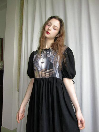 Angel S Tears Tempera Print T Shirt Dress V Neck Long Sleeve