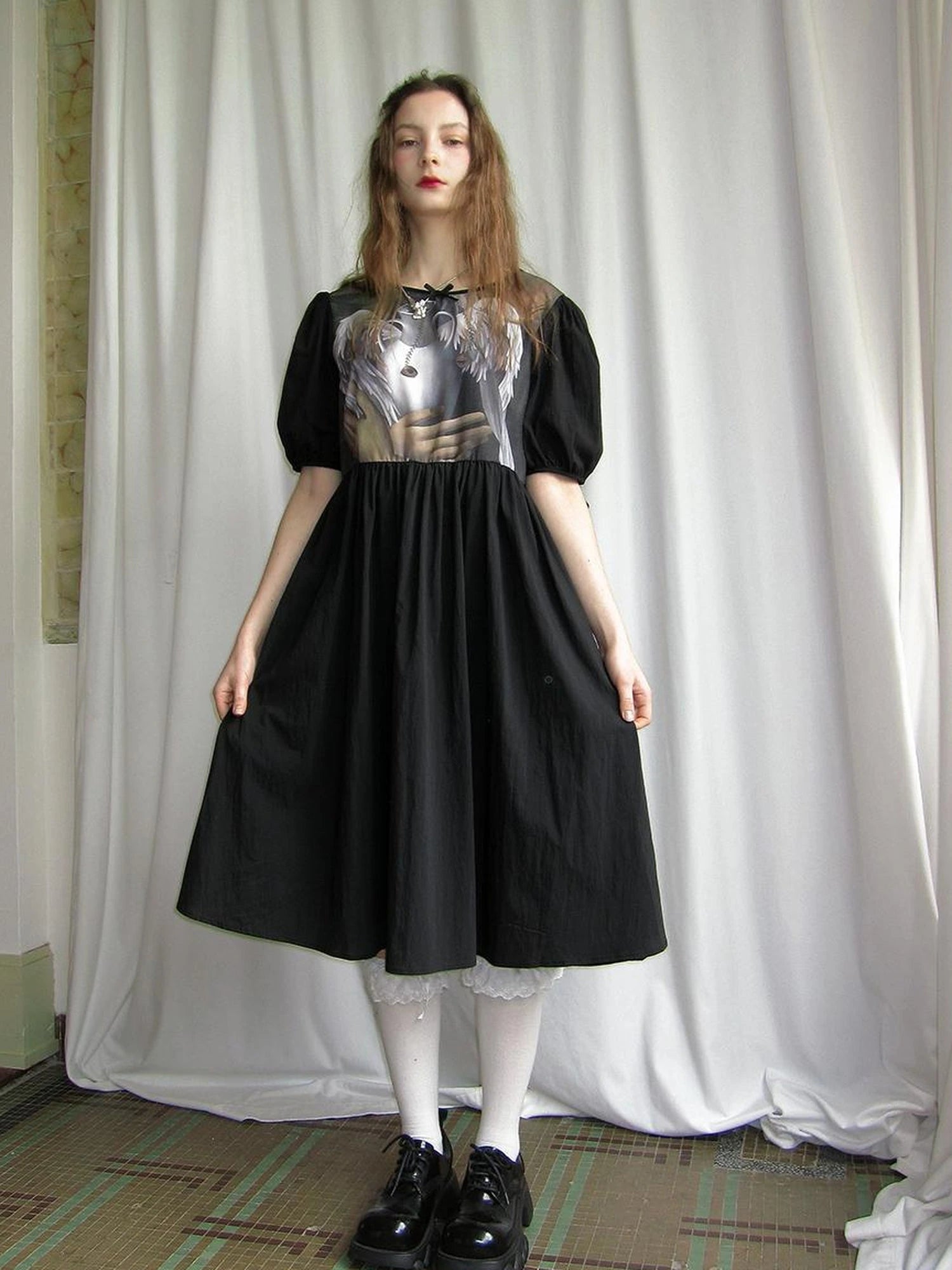 Angel S Tears Tempera Print T Shirt Dress V Neck Long Sleeve