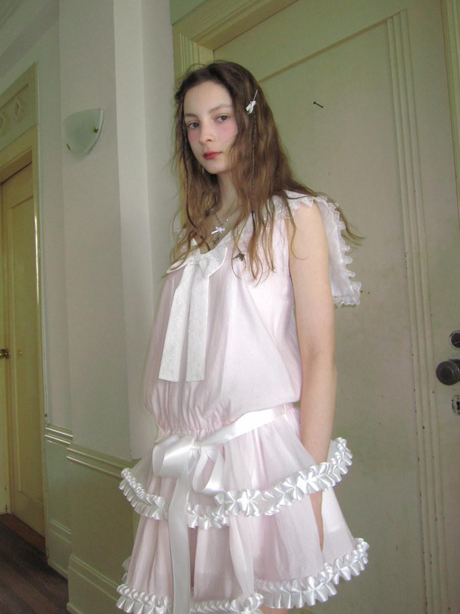 Daytoday Angel Tear Pink Lace Bow Sailor Collar V-neck Women&