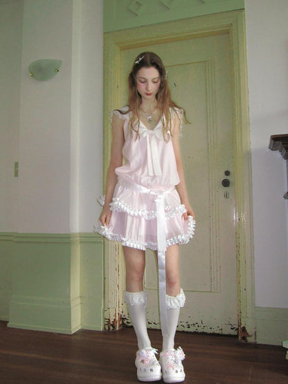 Daytoday Angel Tear Pink Lace Bow Sailor Collar V-neck Women&