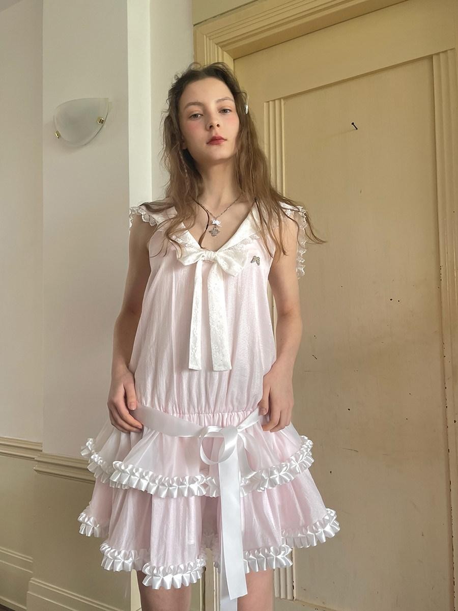 Daytoday Angel Tear Pink Lace Bow Sailor Collar V-neck Women&