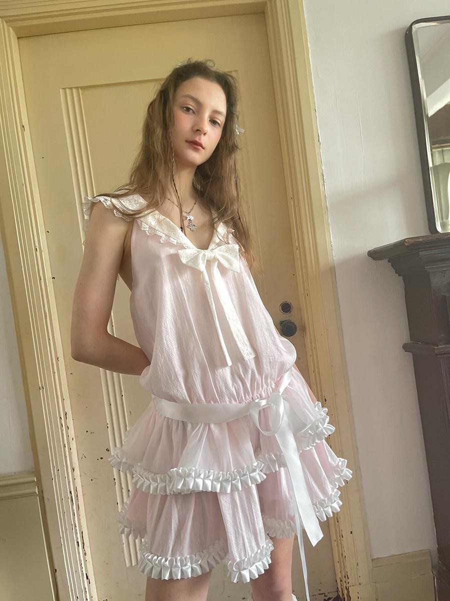Daytoday Angel Tear Pink Lace Bow Sailor Collar V-neck Women&
