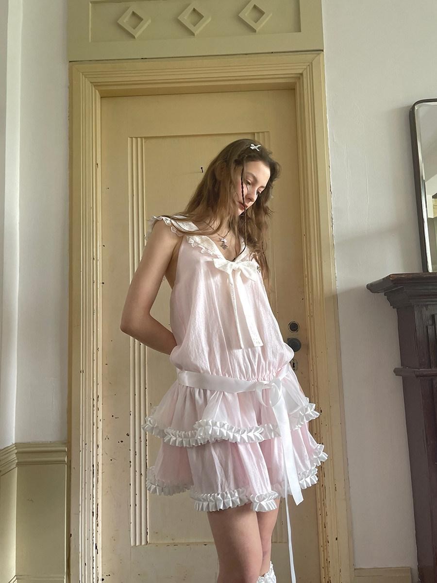 Daytoday Angel Tear Pink Lace Bow Sailor Collar V-neck Women&