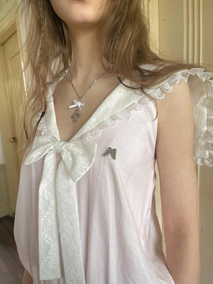 Daytoday Angel Tear Pink Lace Bow Sailor Collar V-neck Women&