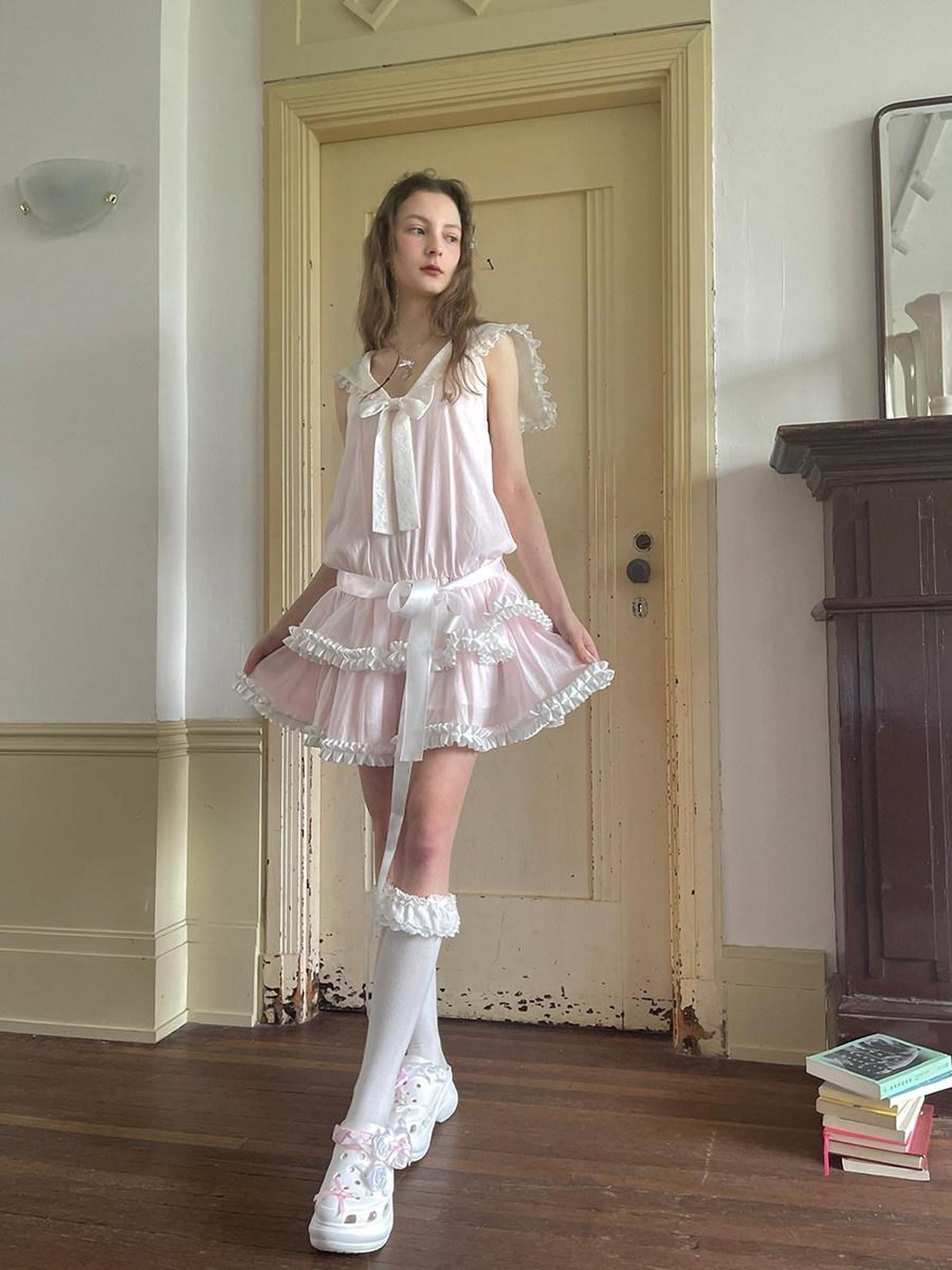 Daytoday Angel Tear Pink Lace Bow Sailor Collar V-neck Women&