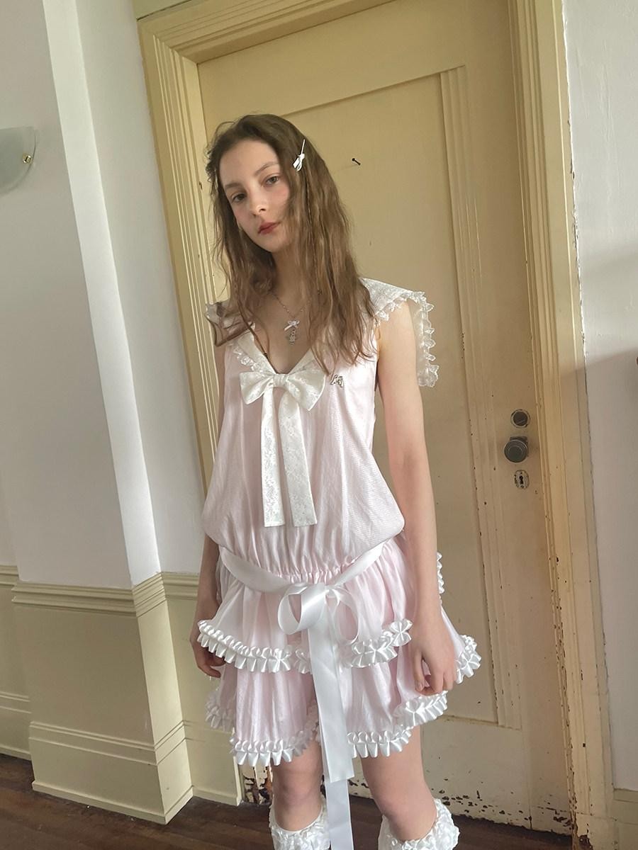 Daytoday Angel Tear Pink Lace Bow Sailor Collar V-neck Women&