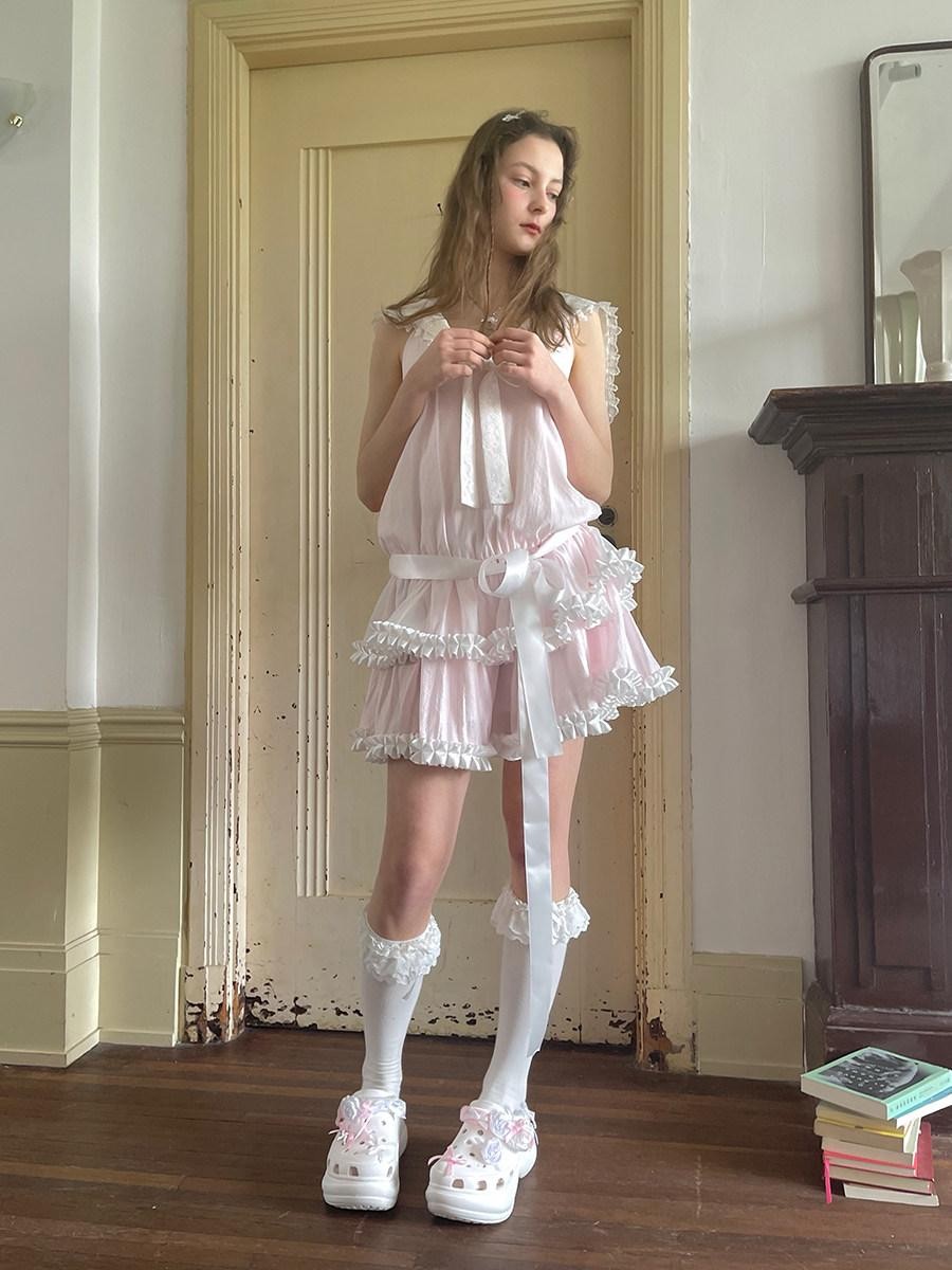 Daytoday Angel Tear Pink Lace Bow Sailor Collar V-neck Women&
