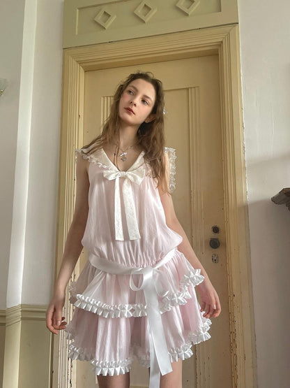 Daytoday Angel Tear Pink Lace Bow Sailor Collar V-neck Women&