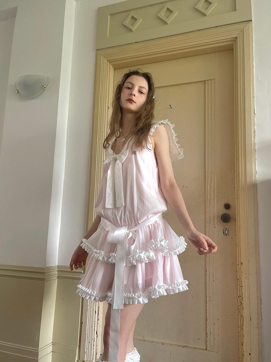 Daytoday Angel Tear Pink Lace Bow Sailor Collar V-neck Women&