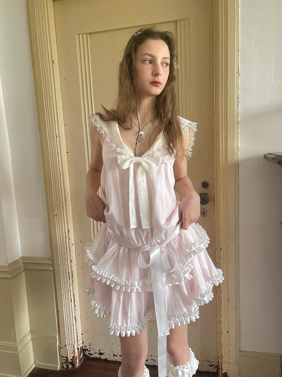 Daytoday Angel Tear Pink Lace Bow Sailor Collar V-neck Women&