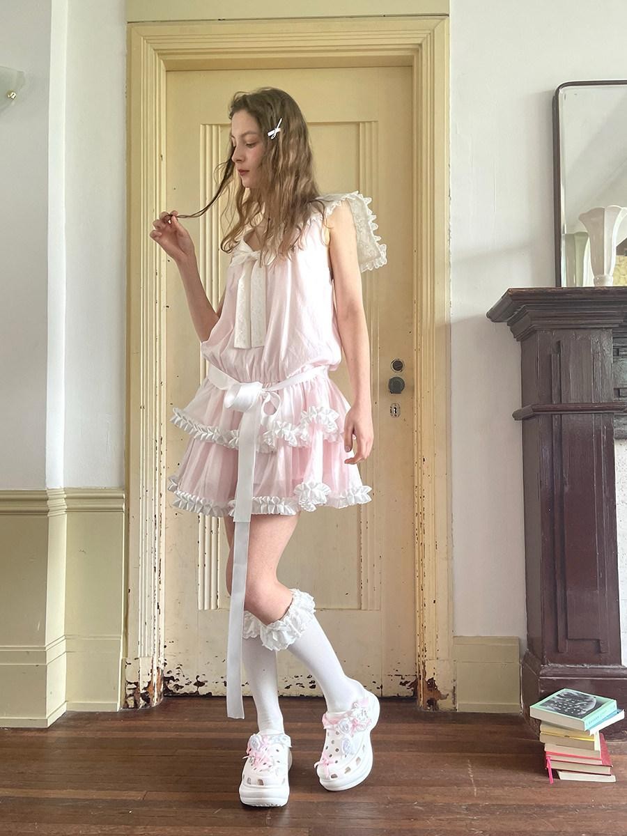 Daytoday Angel Tear Pink Lace Bow Sailor Collar V-neck Women&
