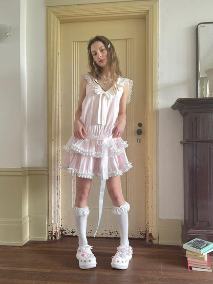 Daytoday Angel Tear Pink Lace Bow Sailor Collar V-neck Women&