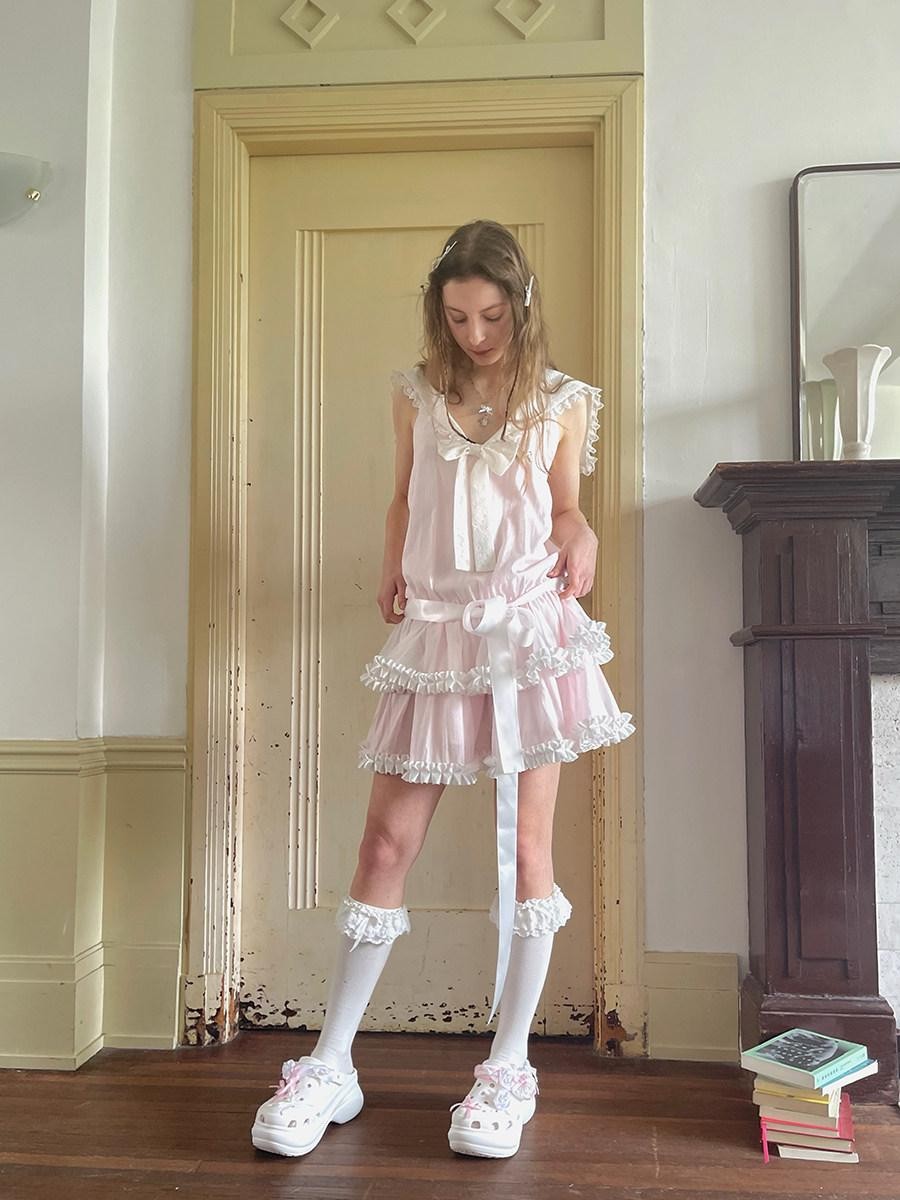 Daytoday Angel Tear Pink Lace Bow Sailor Collar V-neck Women&
