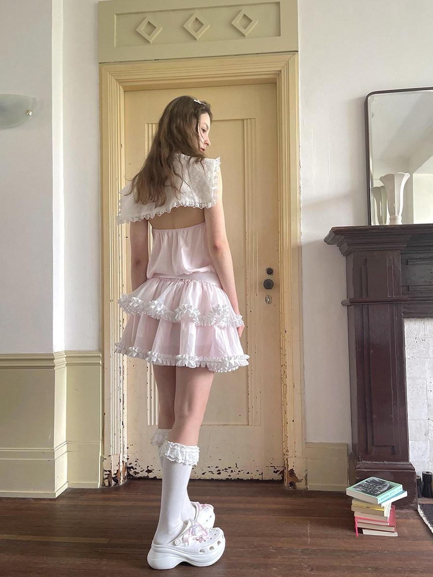 Daytoday Angel Tear Pink Lace Bow Sailor Collar V-neck Women&