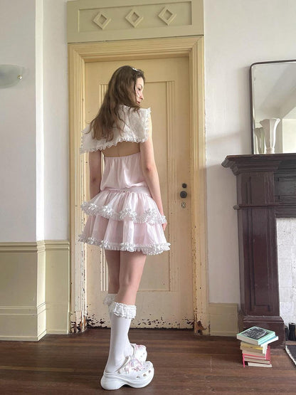 Daytoday Angel Tear Pink Lace Bow Sailor Collar V-neck Women&