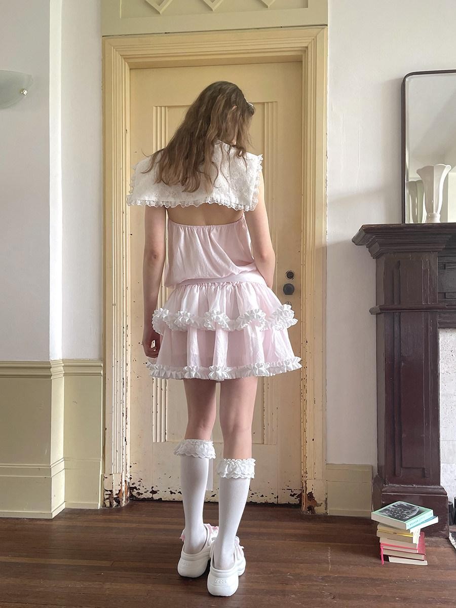 Daytoday Angel Tear Pink Lace Bow Sailor Collar V-neck Women&