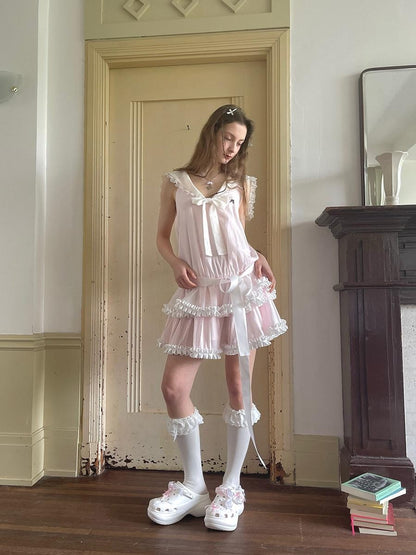 Daytoday Angel Tear Pink Lace Bow Sailor Collar V-neck Women&