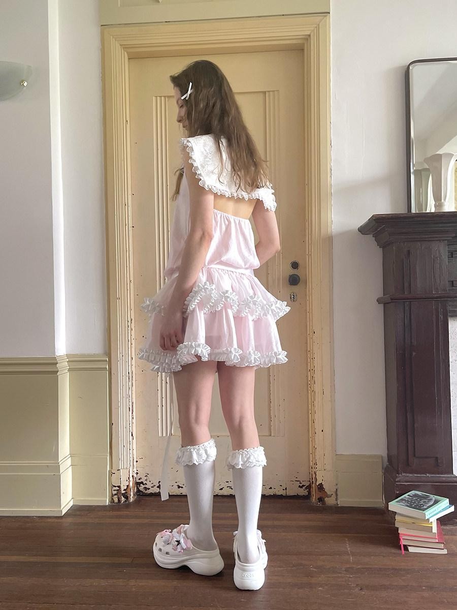 Daytoday Angel Tear Pink Lace Bow Sailor Collar V-neck Women&