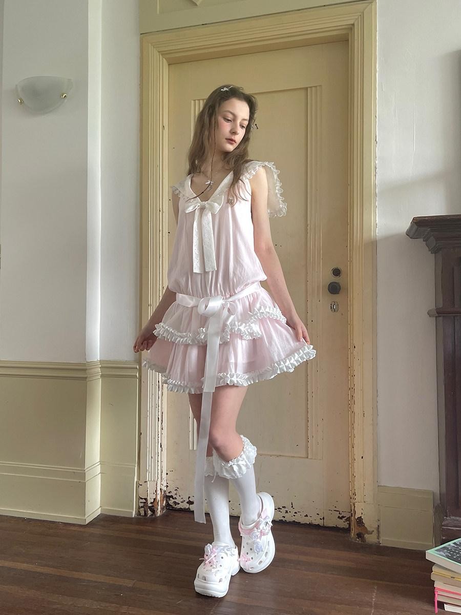 Daytoday Angel Tear Pink Lace Bow Sailor Collar V-neck Women&