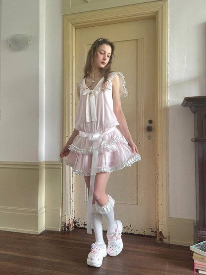 Daytoday Angel Tear Pink Lace Bow Sailor Collar V-neck Women&