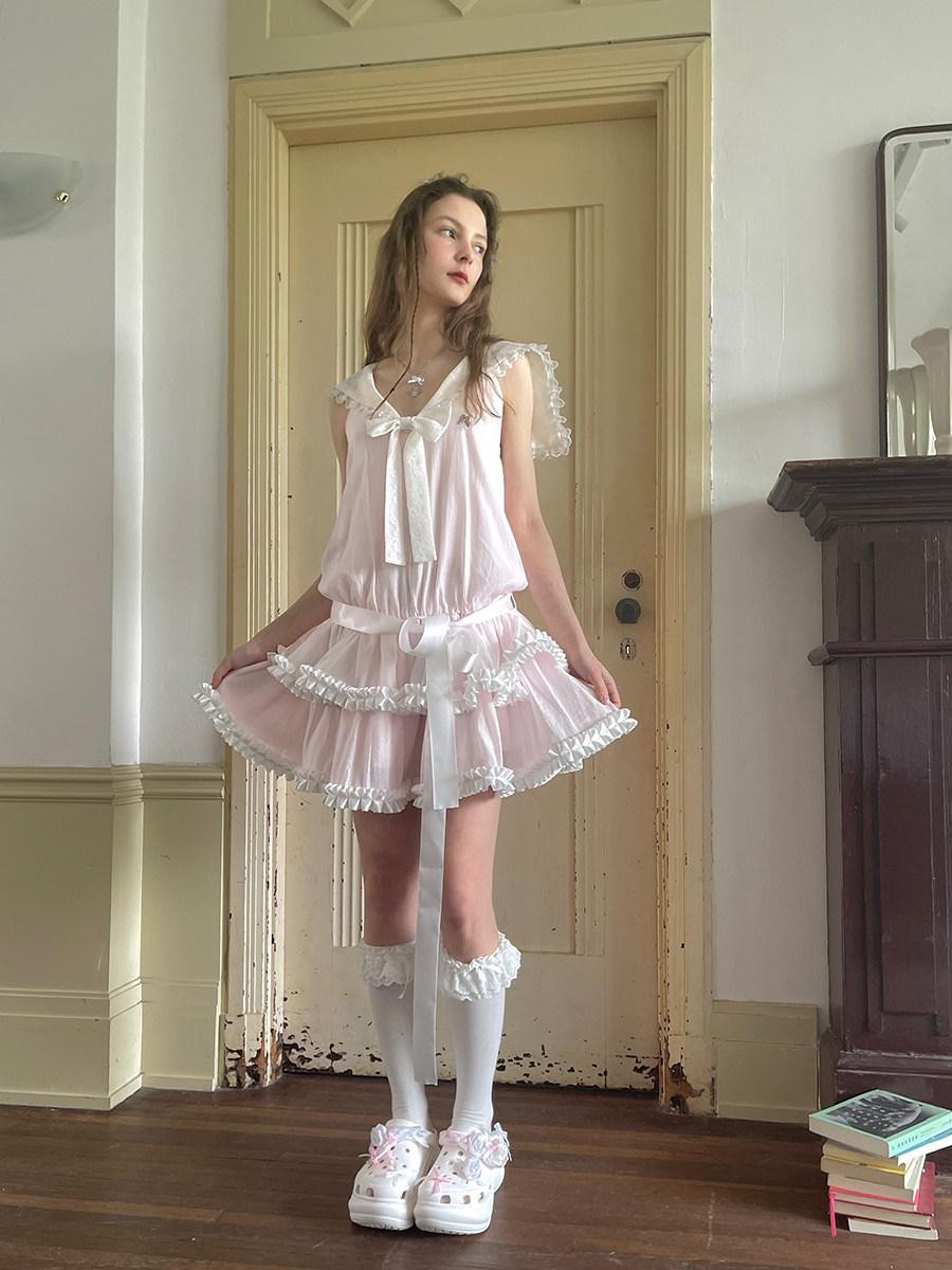 Daytoday Angel Tear Pink Lace Bow Sailor Collar V-neck Women&