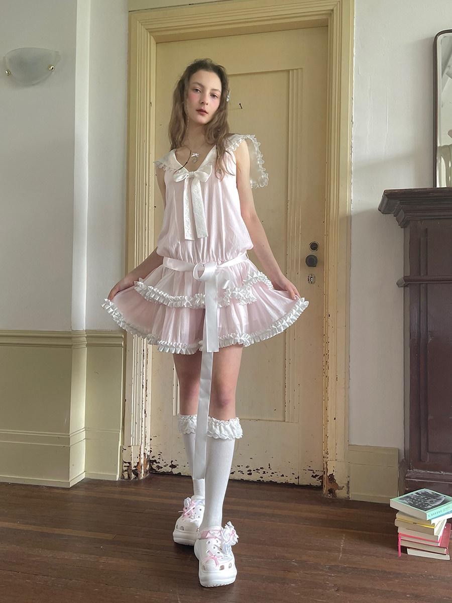 Daytoday Angel Tear Pink Lace Bow Sailor Collar V-neck Women&