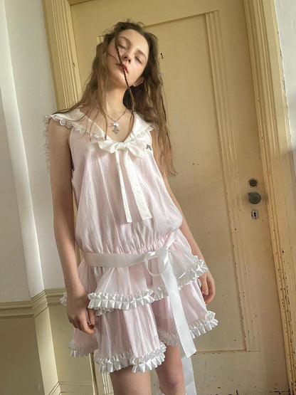 Daytoday Angel Tear Pink Lace Bow Sailor Collar V-neck Women&
