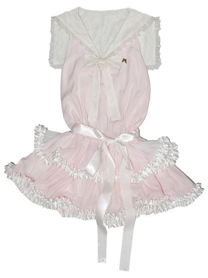 Daytoday Angel Tear Pink Lace Bow Sailor Collar V-neck Women&