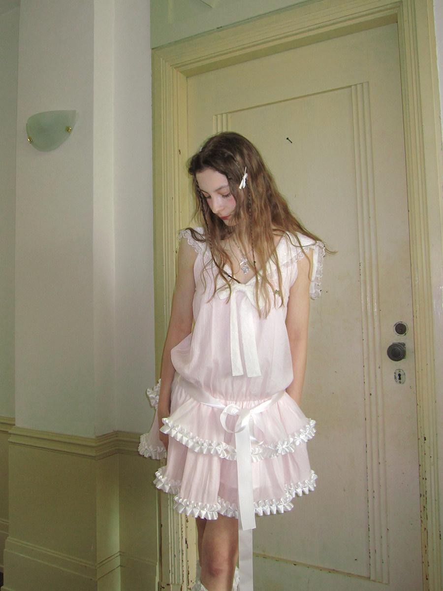 Daytoday Angel Tear Pink Lace Bow Sailor Collar V-neck Women&