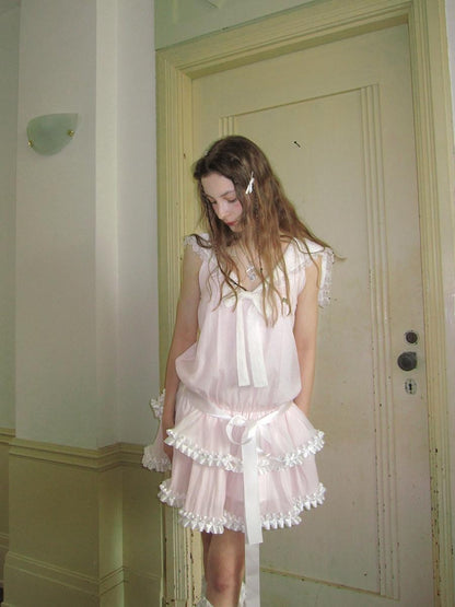 Daytoday Angel Tear Pink Lace Bow Sailor Collar V-neck Women&