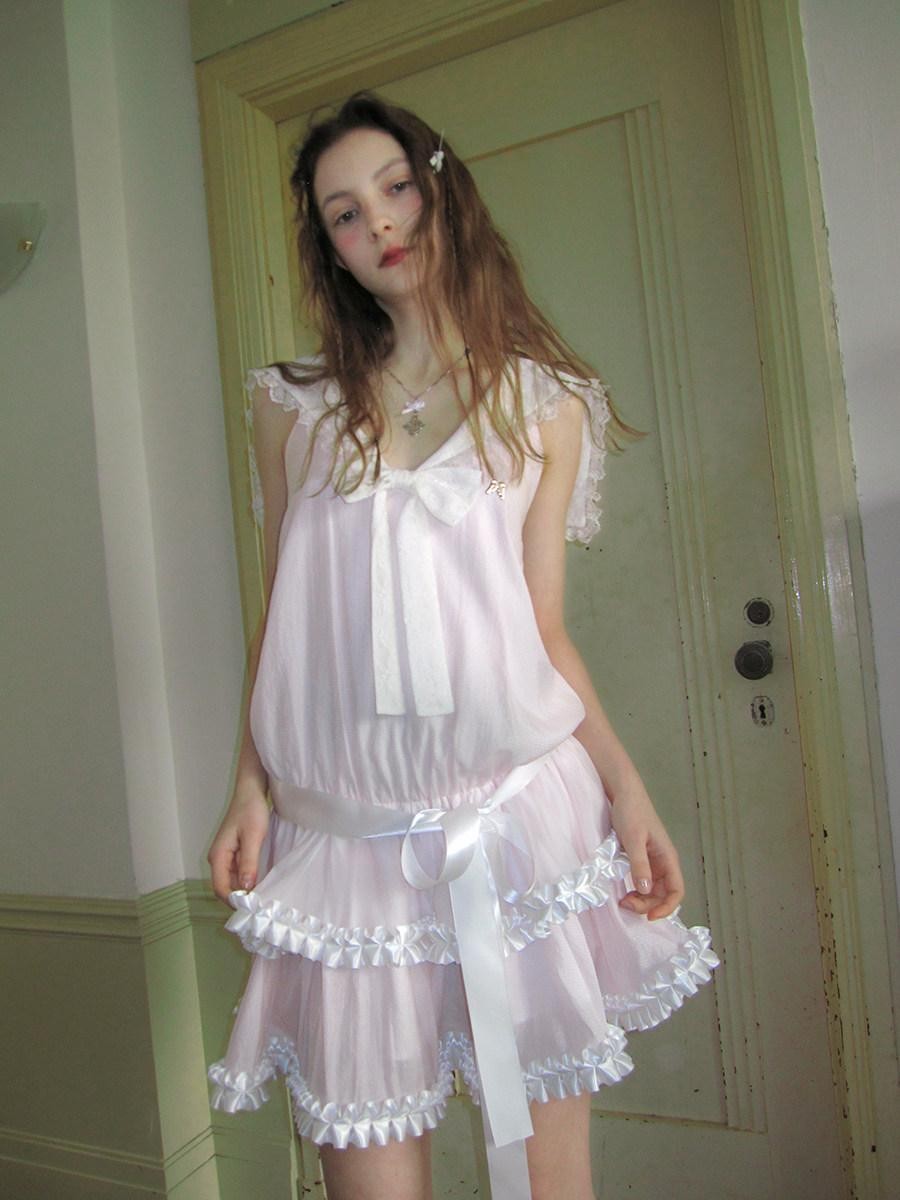 Daytoday Angel Tear Pink Lace Bow Sailor Collar V-neck Women&