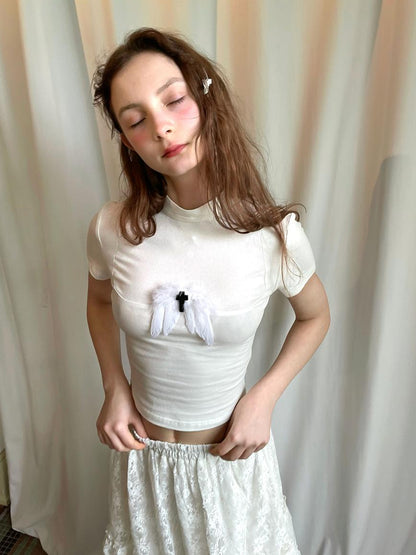 Daytoday Angel Tears Feather Cross Dark Graphic Cotton T-Shirt