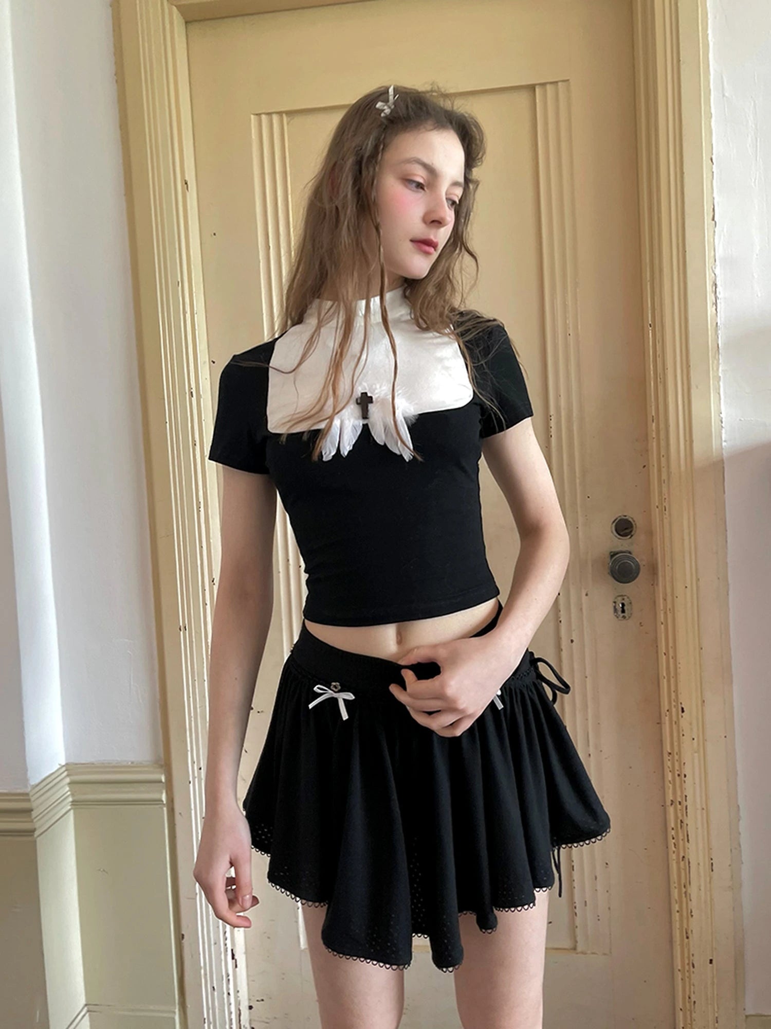 Angel Tears Feather Cross Dark Graphic Cotton T-Shirt